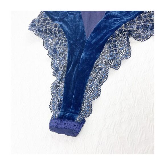 Vintage Victorias Secret Velvet lace one piece bodysuit royal blue deep v snap c - Picture 2 of 16
